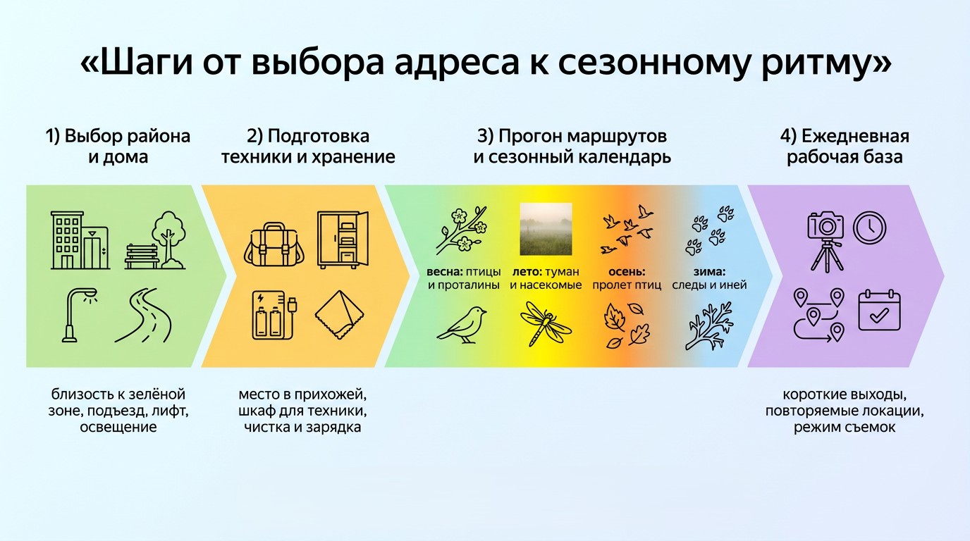 Инфографика шагов от выбора адреса к сезонному ритму фотодика: район, хранение техники, сезонные маршруты (весна–зима) и ежедневная рабочая база.